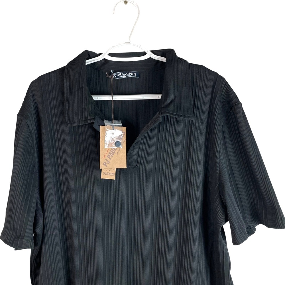 NEW Paul Jones Mens Textured Polo Shirt 2XL Black Striped S/S Stretch‎ Polyester
